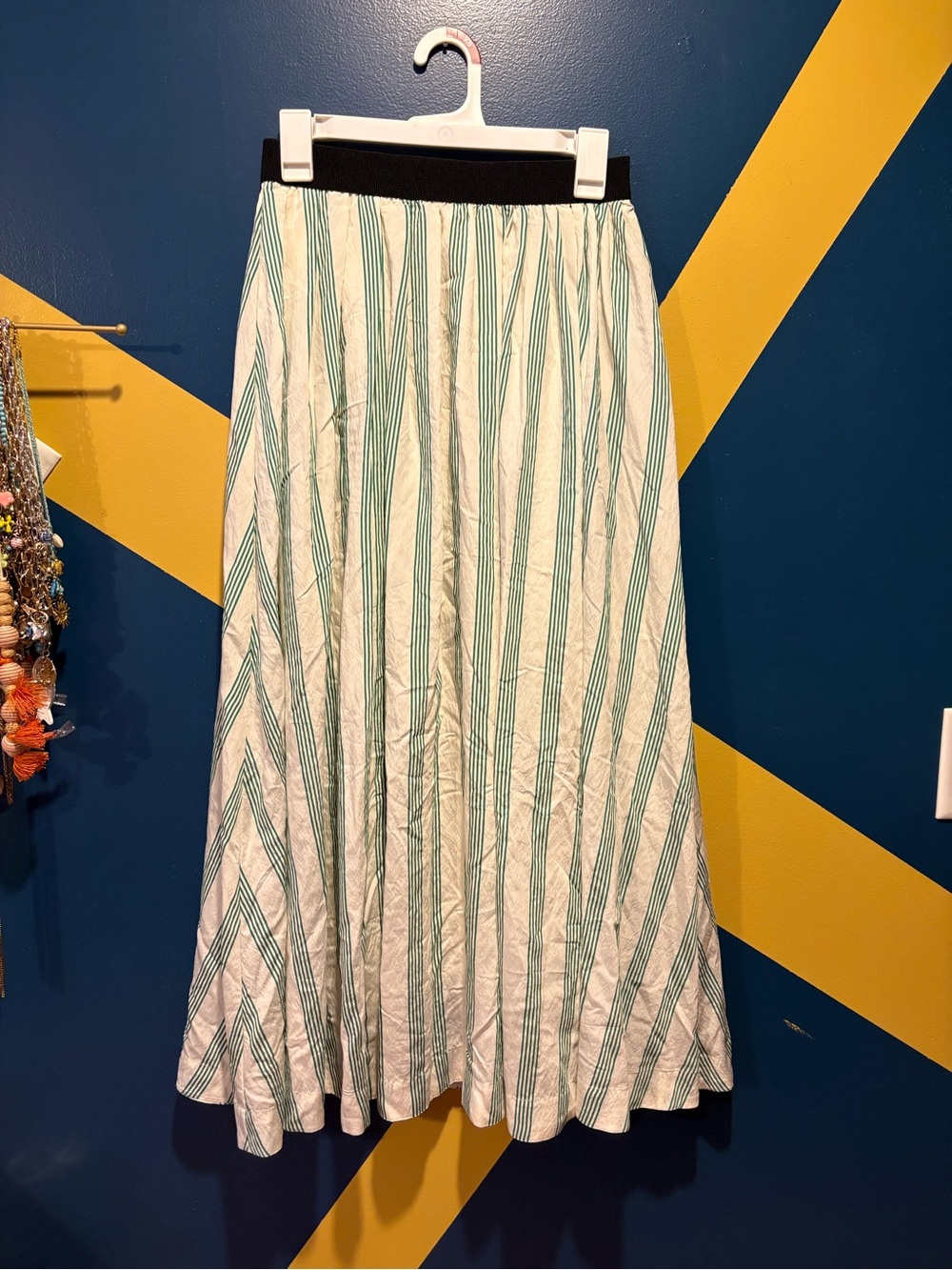 Future Collective Cream & Green Pinstripe Midi Skirt NWOT